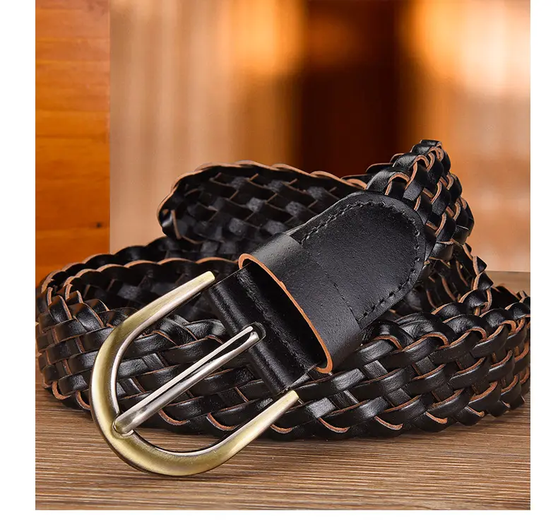 Women's White Braided Leather Belt with Gold Buckle — feature 18