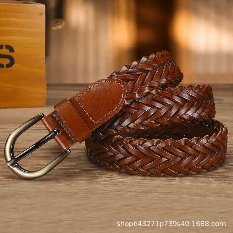Women's White Braided Leather Belt with Gold Buckle - Image 9