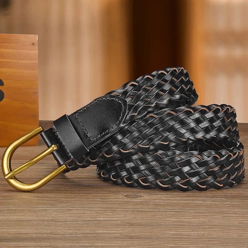 Women's White Braided Leather Belt with Gold Buckle - Image 2