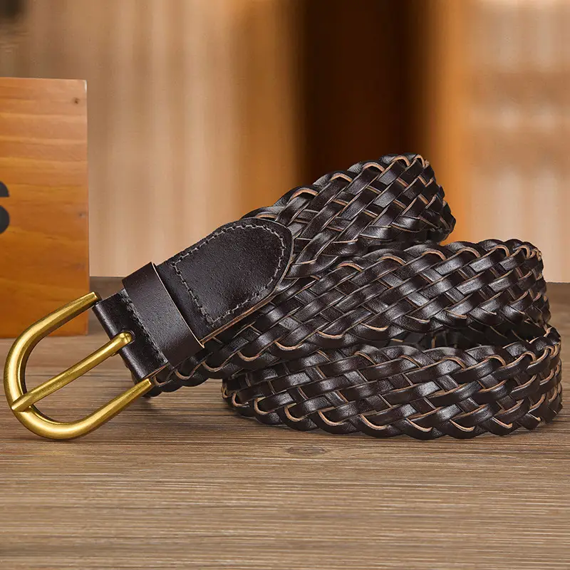 Women's White Braided Leather Belt with Gold Buckle - Image 4