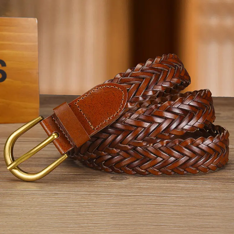 Women's White Braided Leather Belt with Gold Buckle - Image 5