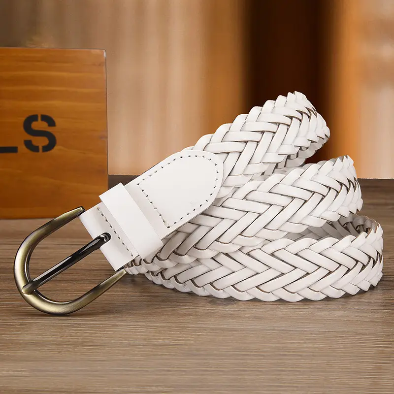 Women's White Braided Leather Belt with Gold Buckle - Image 6
