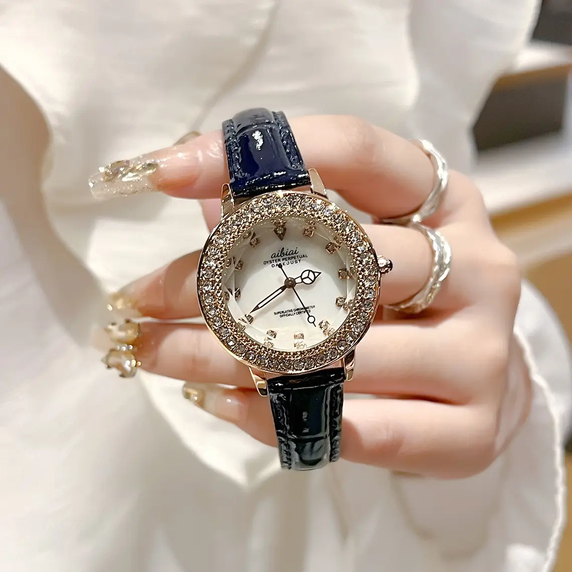 Korean Style Crystal Watch for Women Brown Belt - Image 3