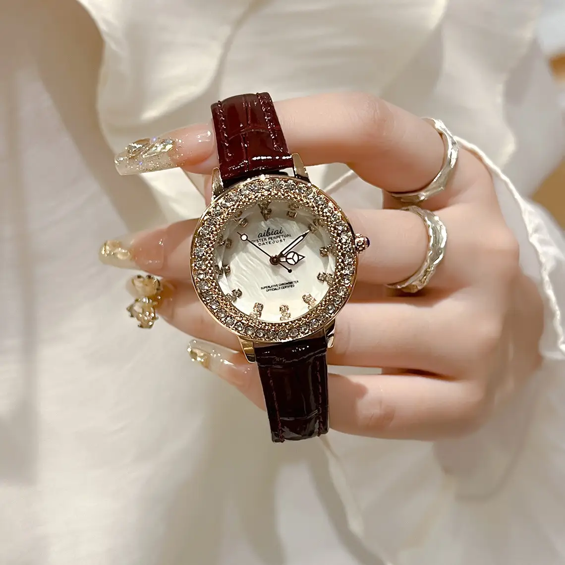 Korean Style Crystal Watch for Women Brown Belt - Image 2