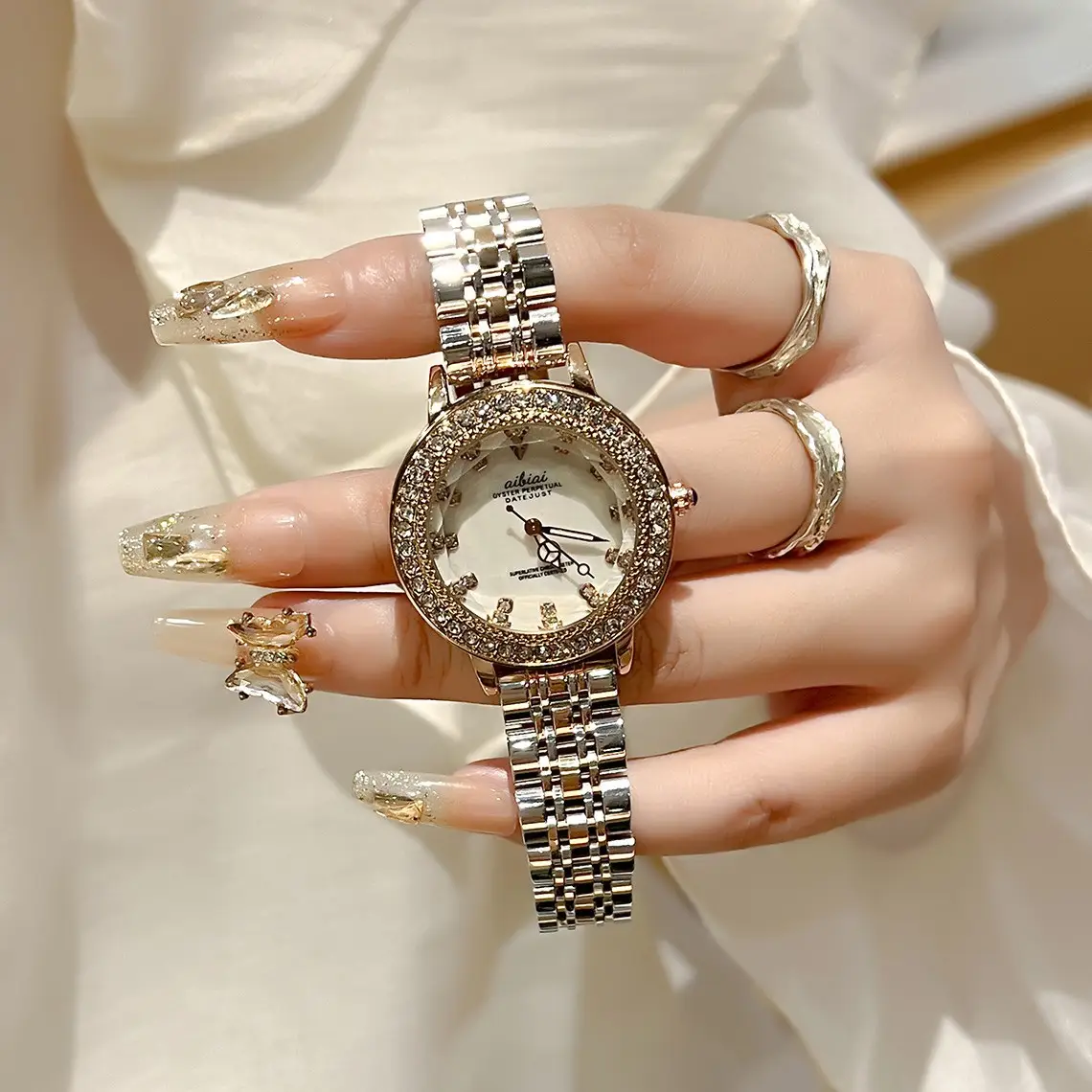 Korean Style Crystal Watch for Women Brown Belt - Image 5