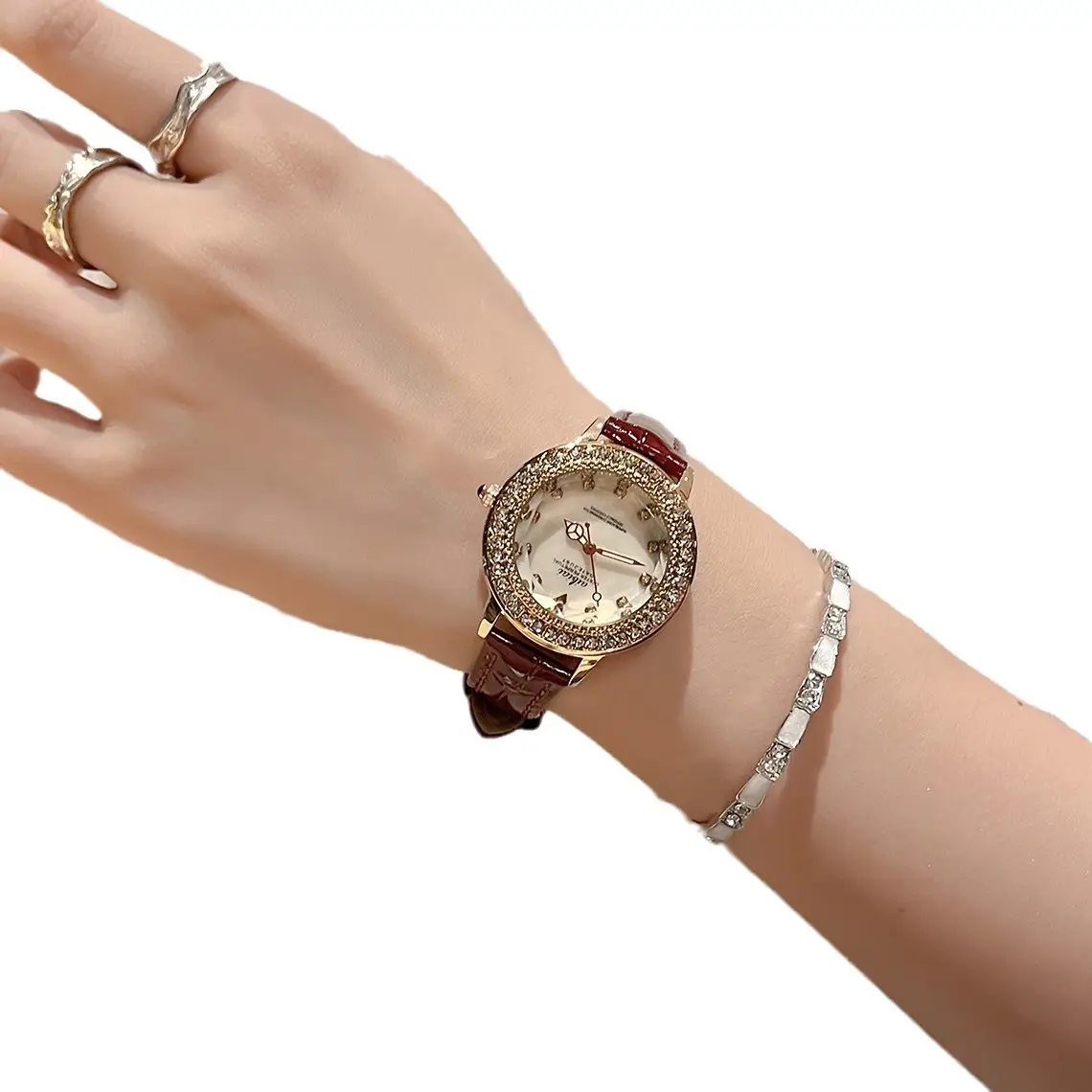 Korean Style Crystal Watch for Women Brown Belt - Image 6