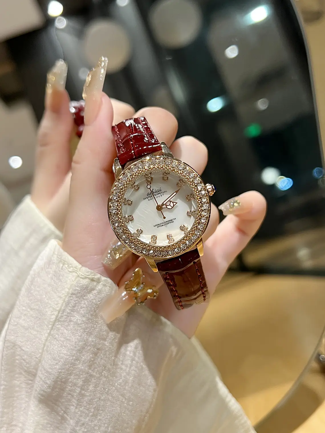 Korean Style Crystal Watch for Women Brown Belt — feature 6