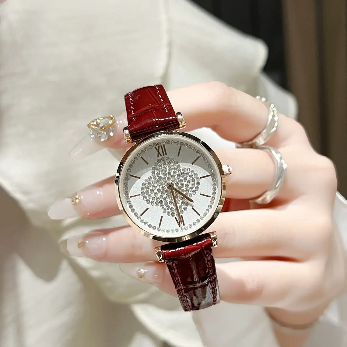 Women's Large Dial Watch with Starry Rhinestones & Genuine Leather - Image 2