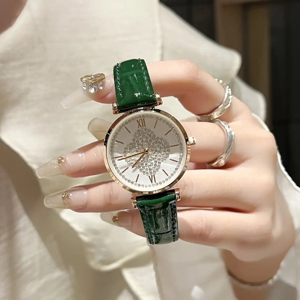 Women's Large Dial Watch with Starry Rhinestones & Genuine Leather - Image 4