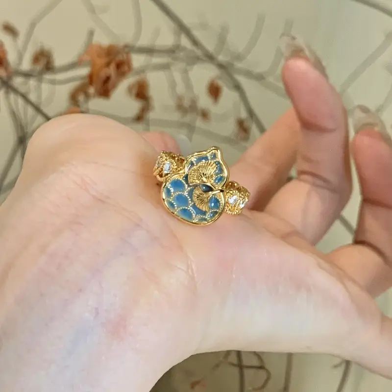 Retro Chinese Enamel Apricot Leaf Gourd Ring Necklace - Image 4