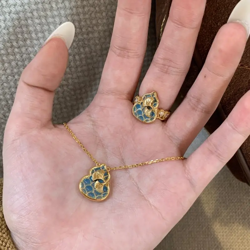 Retro Chinese Enamel Apricot Leaf Gourd Ring Necklace - Image 2