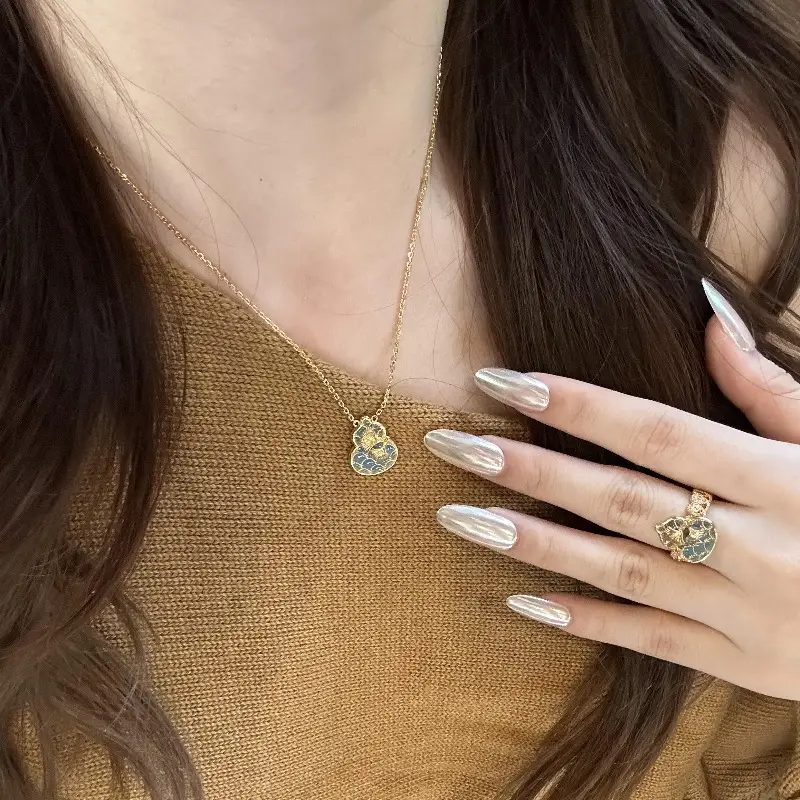 Retro Chinese Enamel Apricot Leaf Gourd Ring Necklace - Image 5