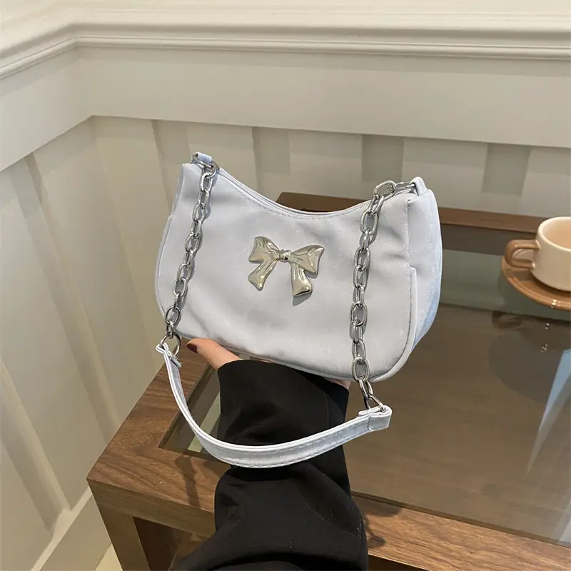 Silver Chain Bow Shoulder Bag for Women - Image 6