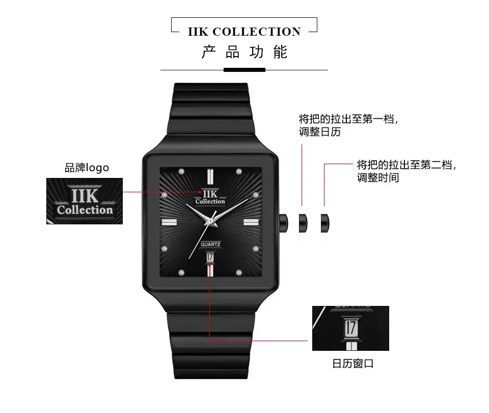 Classic Square Watch for Men with Gold Black Band — feature 5