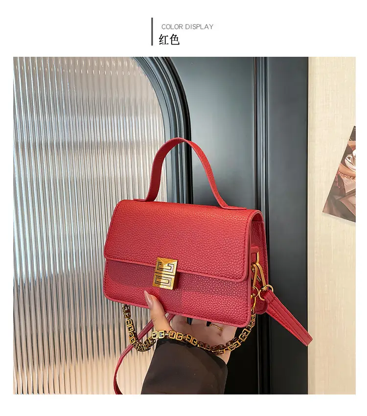 Red Retro Chain Shoulder Bag with Litchi Pattern — feature 24