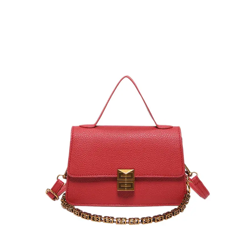 Red Retro Chain Shoulder Bag with Litchi Pattern - Image 3