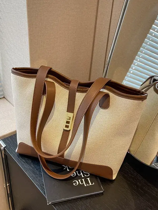 Women's Large Capacity Casual Tote Bag Brown Beige - Image 5