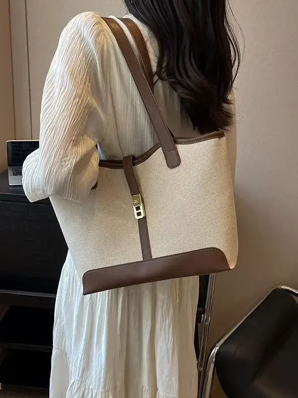 Women's Large Capacity Casual Tote Bag Brown Beige - Image 6