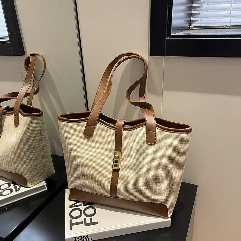 Women's Large Capacity Casual Tote Bag Brown Beige - Image 2