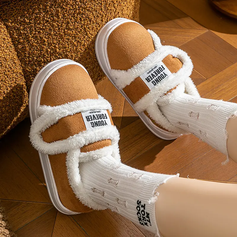 Women Winter Furry Slippers Brown White - Image 4