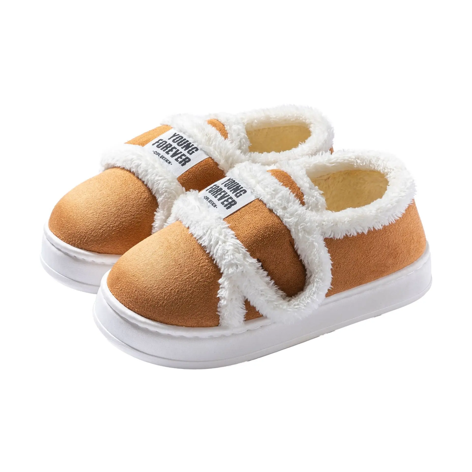 Women Winter Furry Slippers Brown White - Image 7