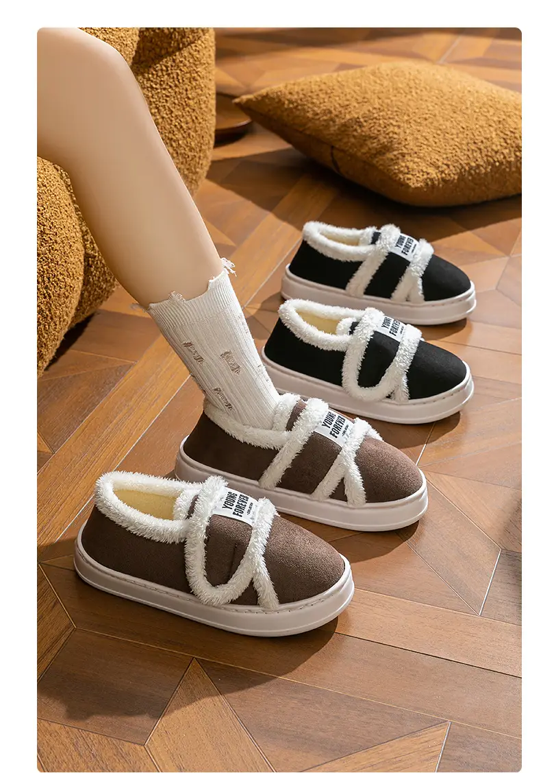 Women Winter Furry Slippers Brown White — feature 19