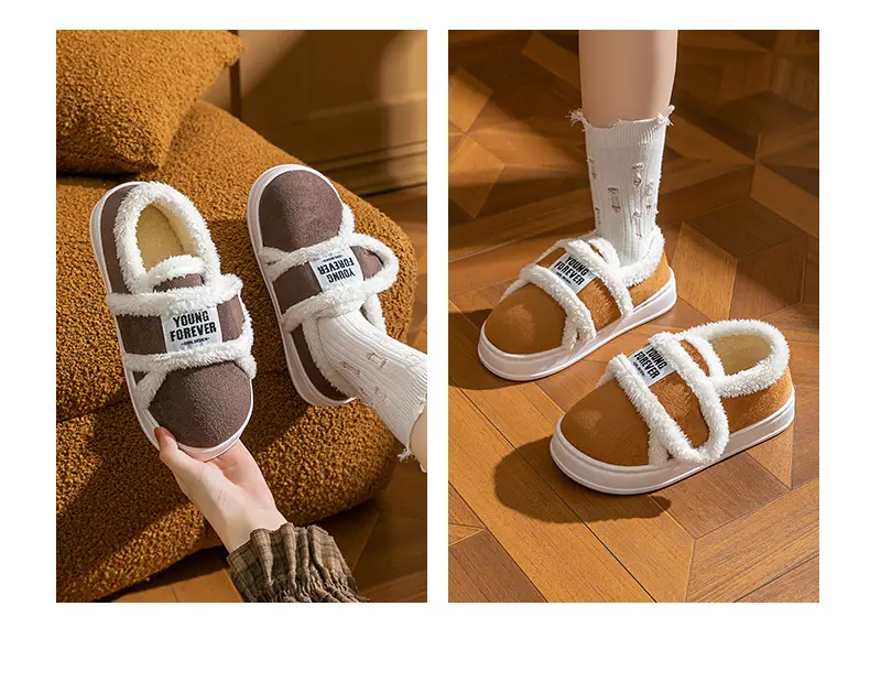 Women Winter Furry Slippers Brown White — feature 21