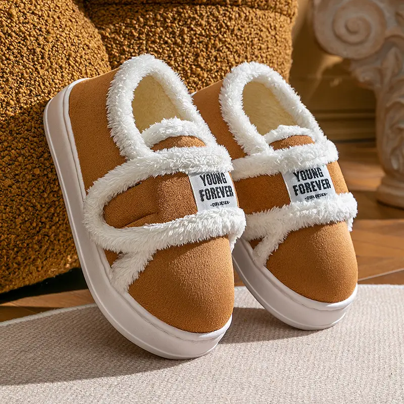 Women Winter Furry Slippers Brown White - Image 2