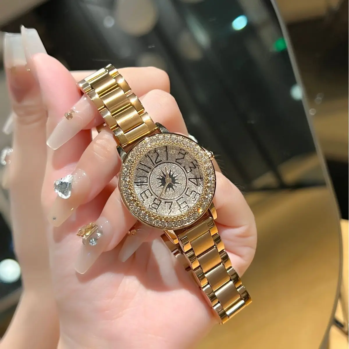 Women's Gold Roman Dial Watch with Black Leather Band