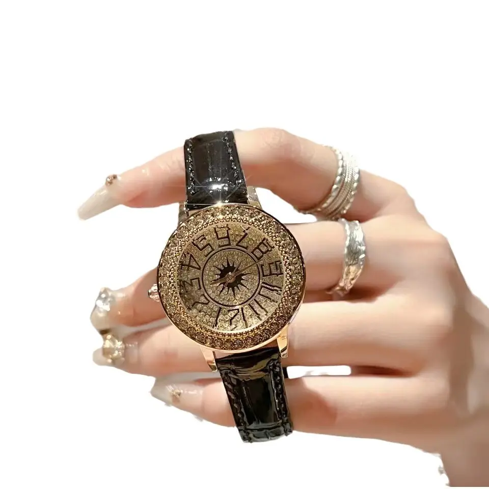 Women's Gold Roman Dial Watch with Black Leather Band