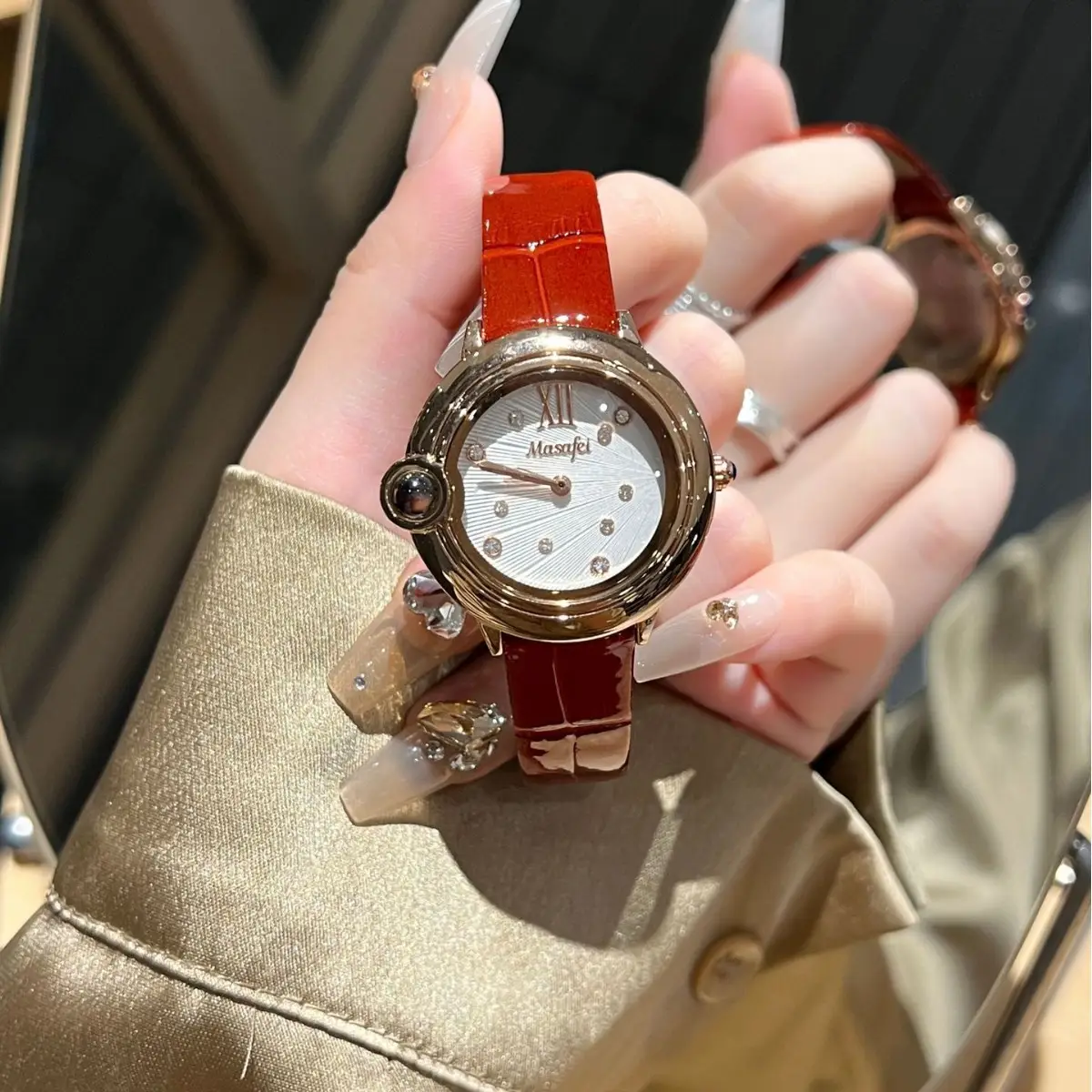 Women Pearl Diamond Dial Quartz Watch Red Leather Band - Image 8