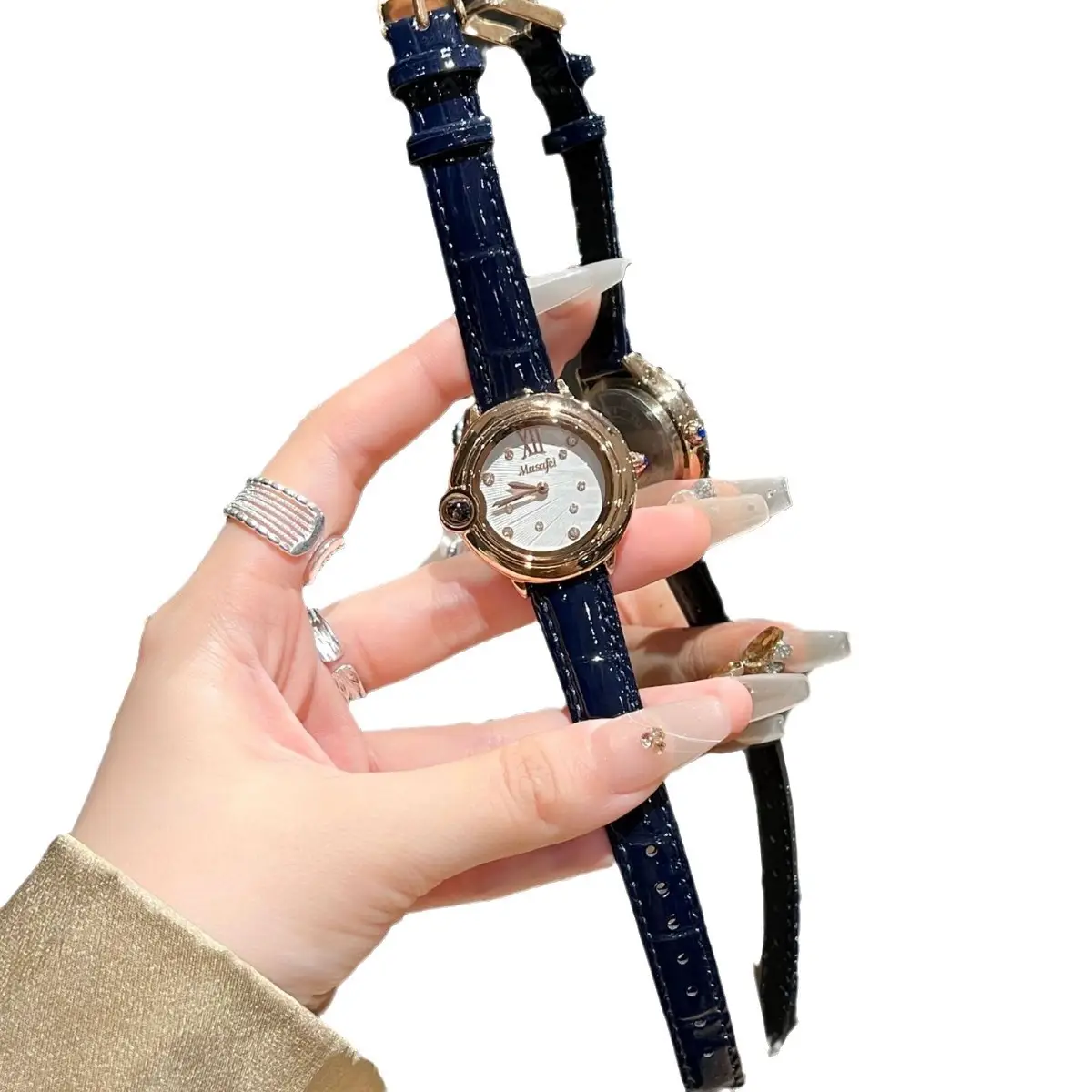 Women Pearl Diamond Dial Quartz Watch Red Leather Band - Image 10