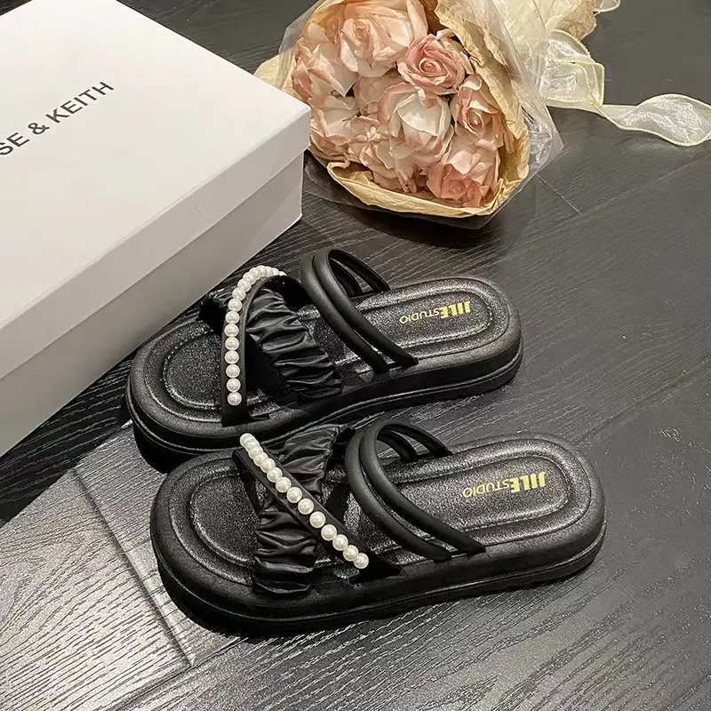 New Eva Pearl Thick-Soled Slippers for Outdoor Wear, High-End Women's Summer Fashion, Chanel-Style Korean Plastic Sandals