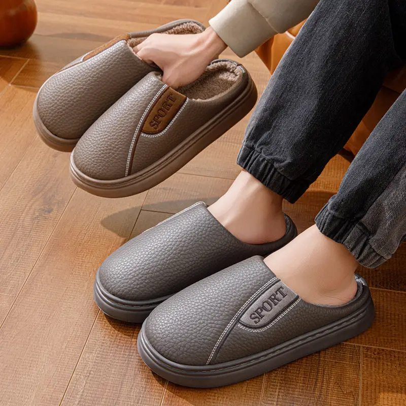 Winter New Cotton Slippers for Men, Extra Large Size, Furry, Indoor, Non-Slip, Warm, Thick-Soled, Fleece-Lined, Thickened for Men