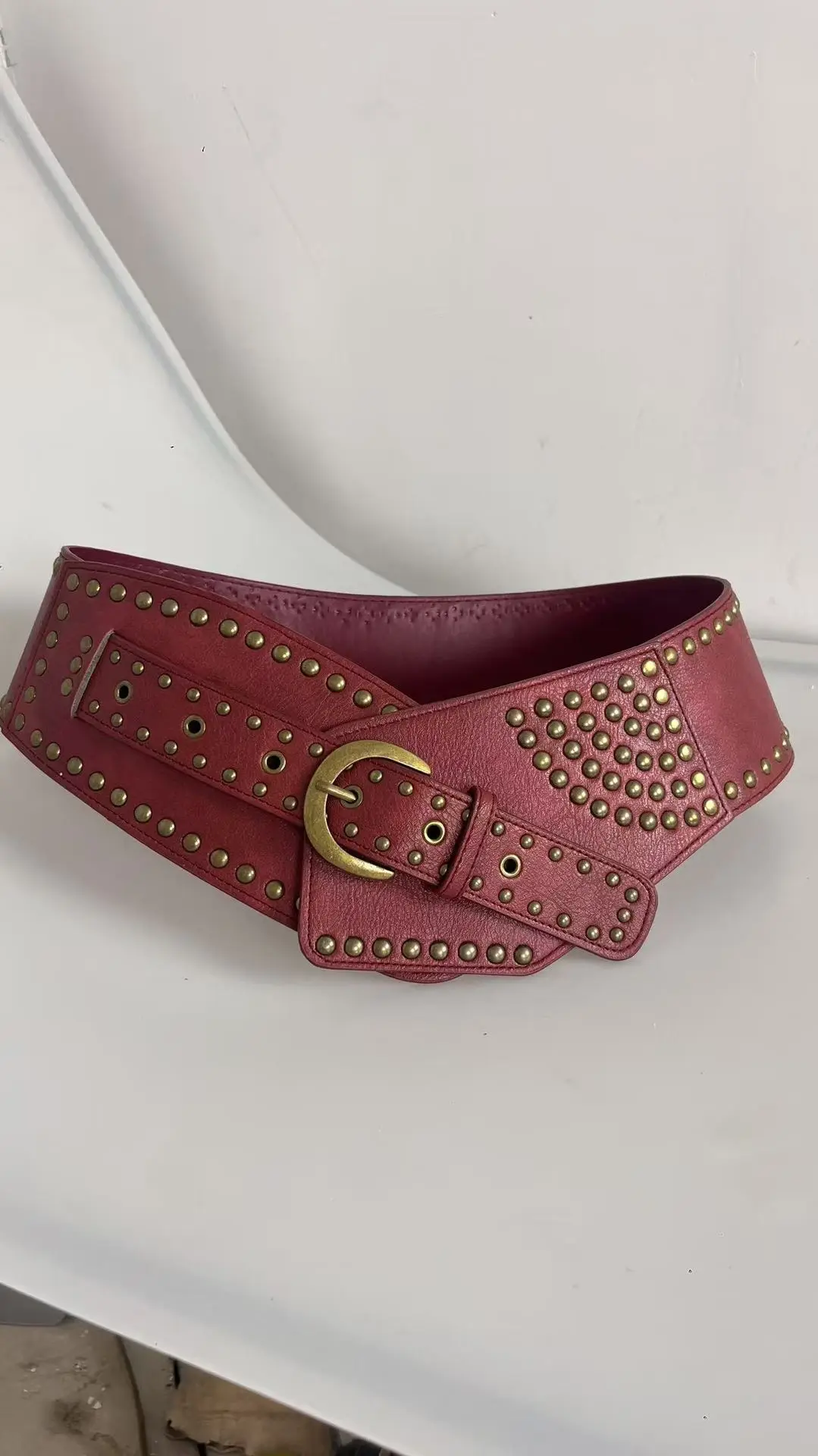 Maroon Wide Waist Cover with Gold Buckle & Studded Design — feature 19