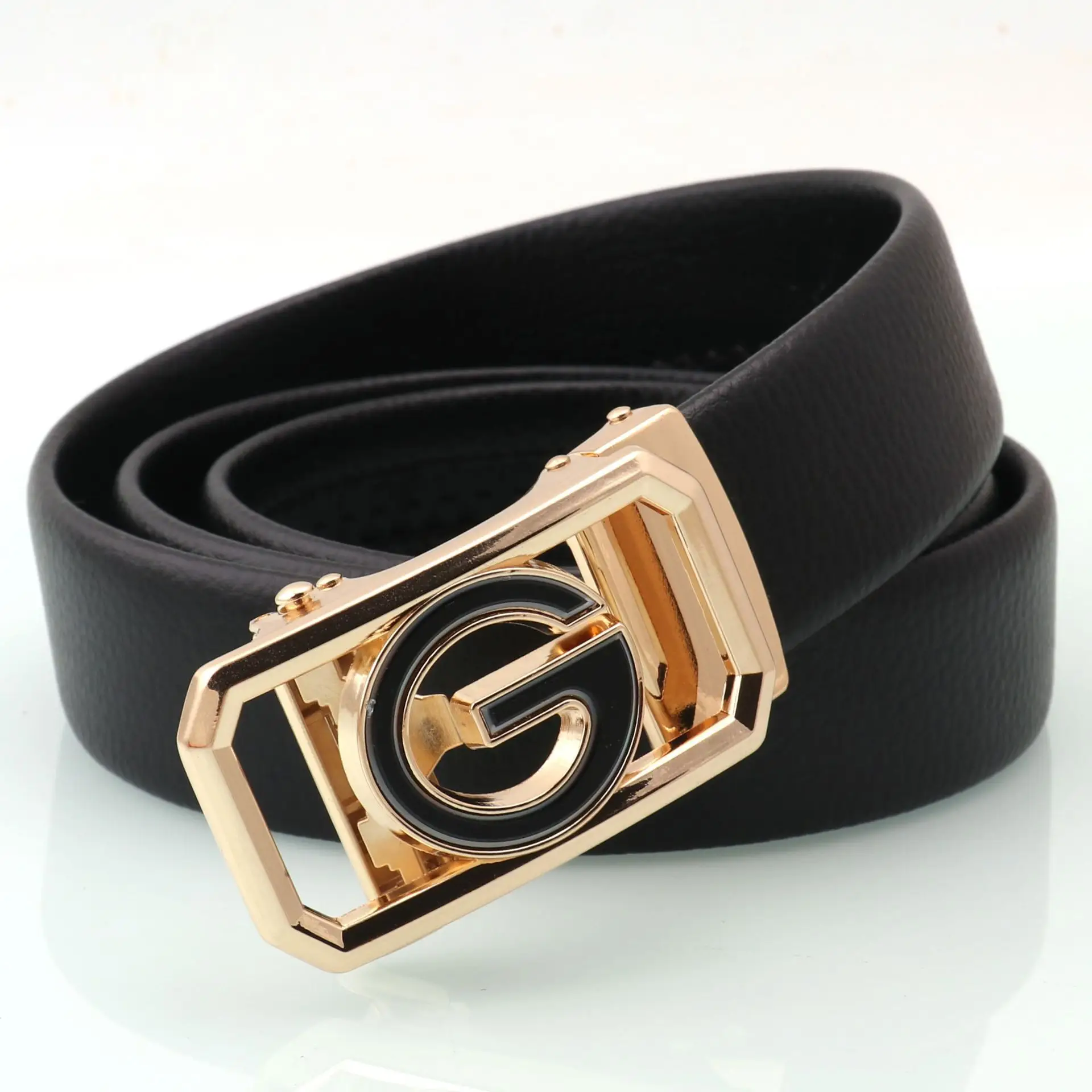 Men's Black Leather Belt with Logo Buckle - Image 12