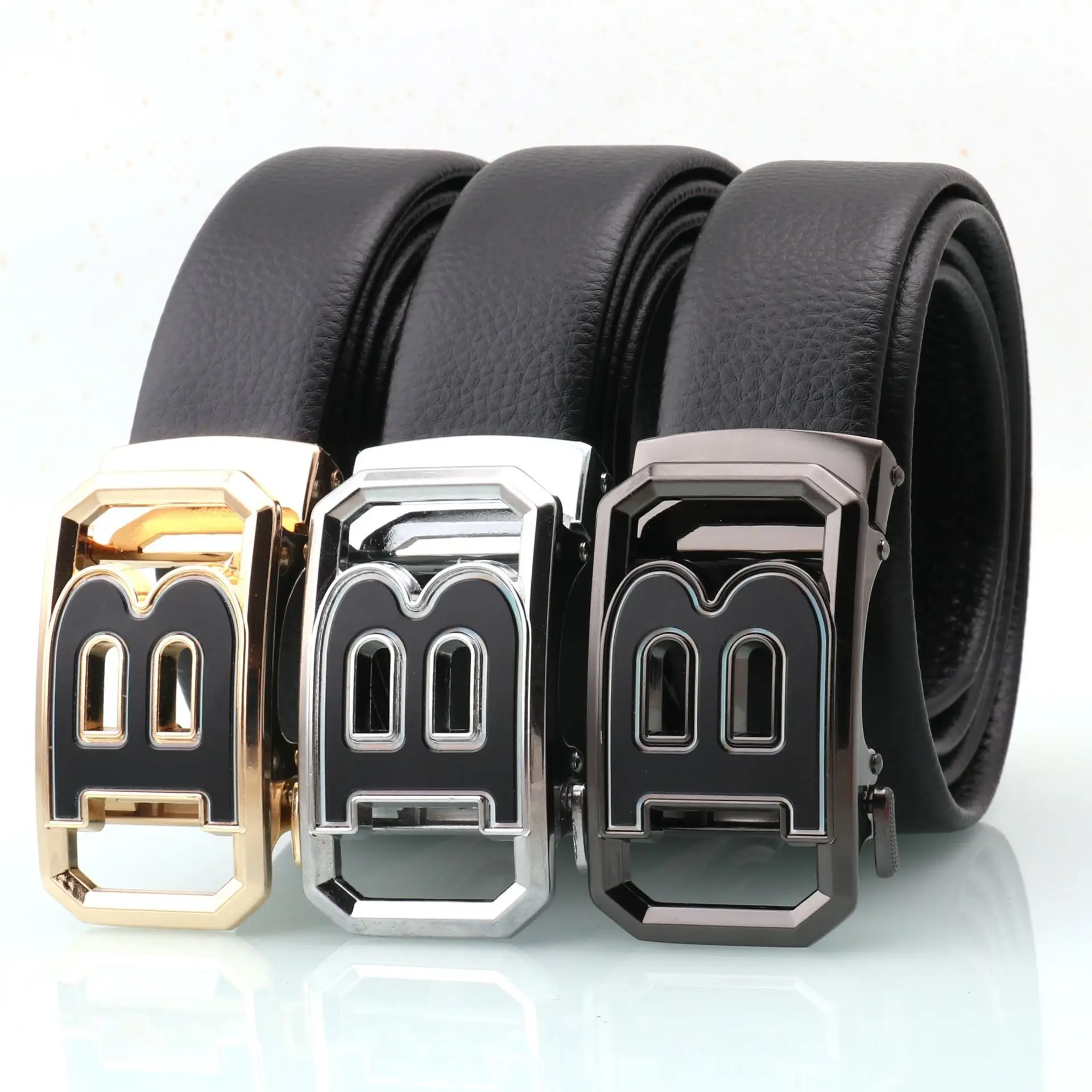 Men's Black Leather Belt with Logo Buckle - Image 13