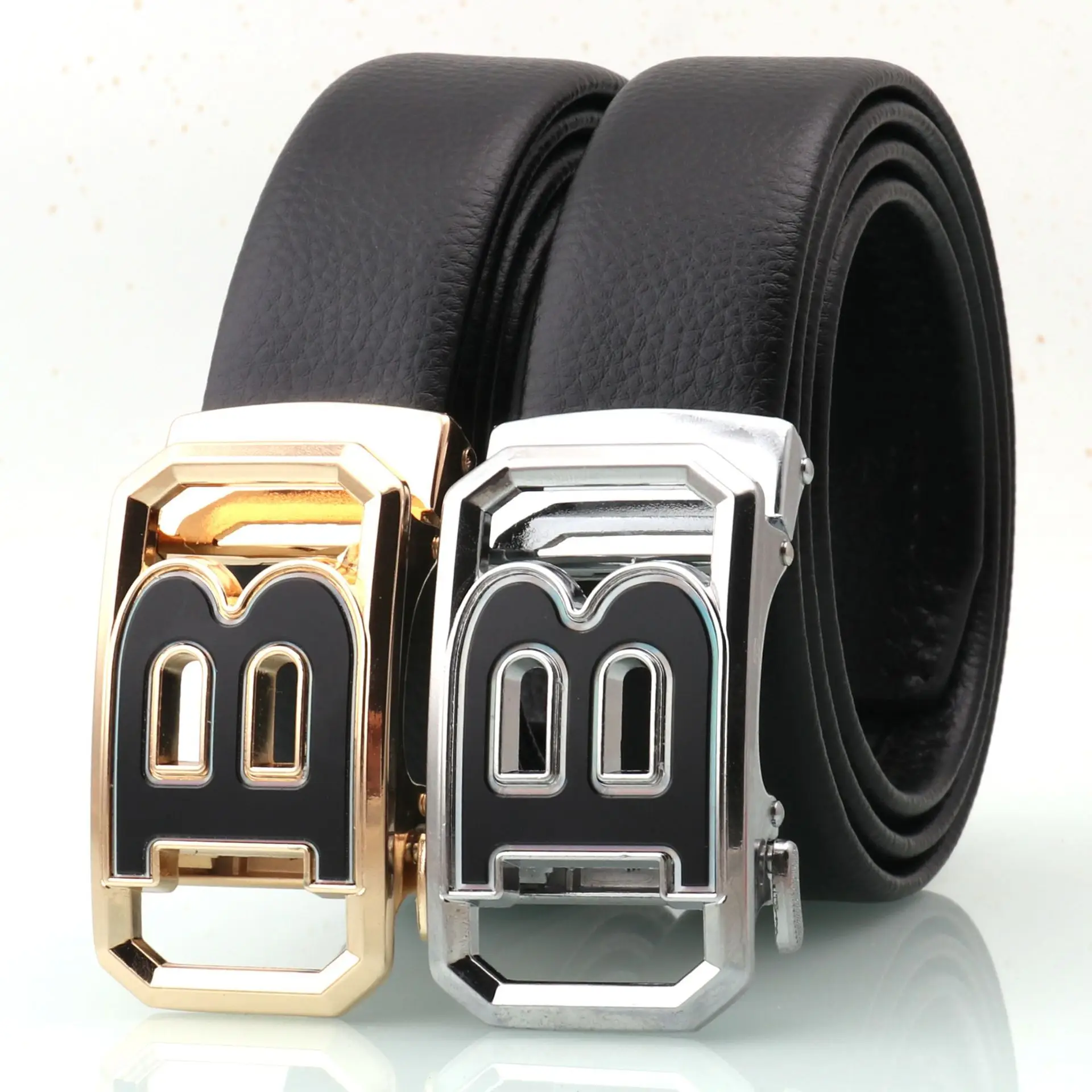 Men's Black Leather Belt with Logo Buckle - Image 14