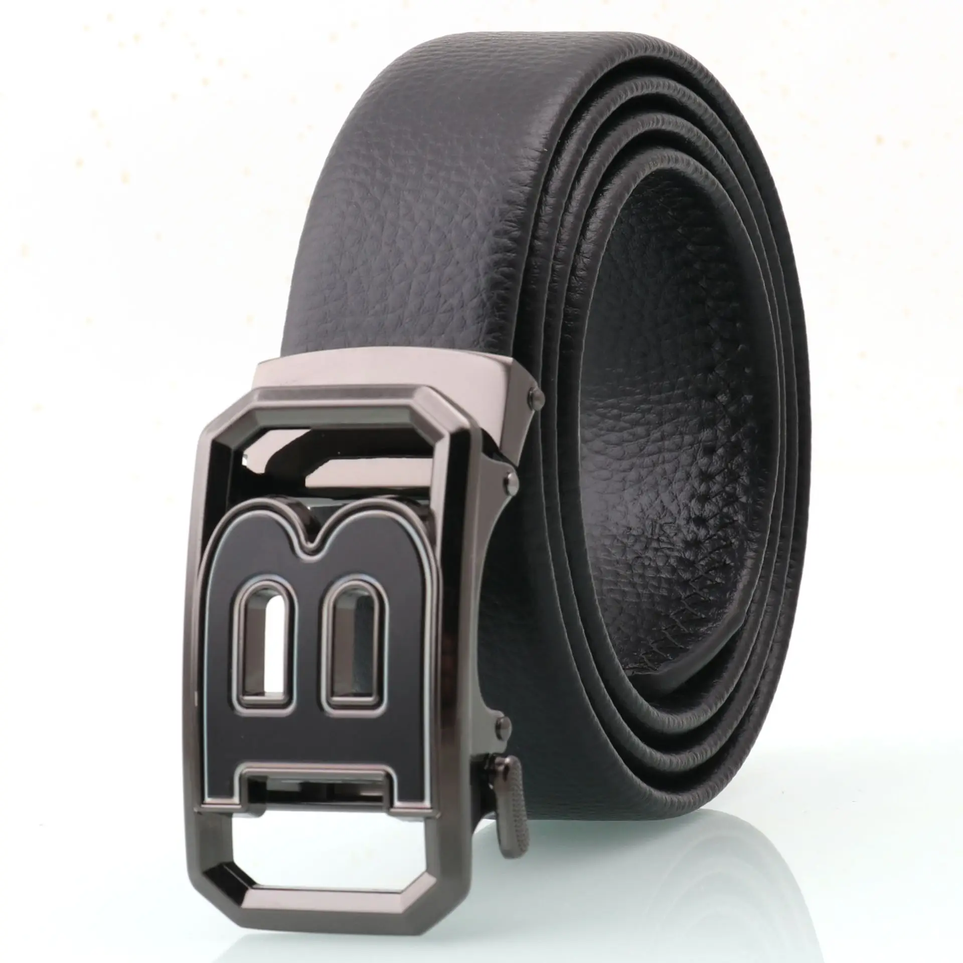 Men's Black Leather Belt with Logo Buckle - Image 2