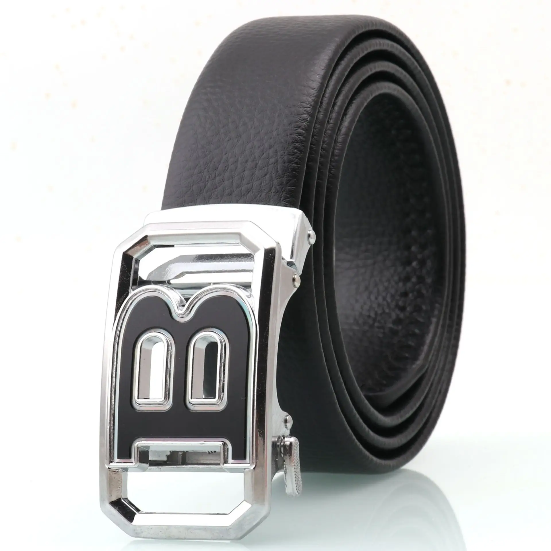 Men's Black Leather Belt with Logo Buckle - Image 3