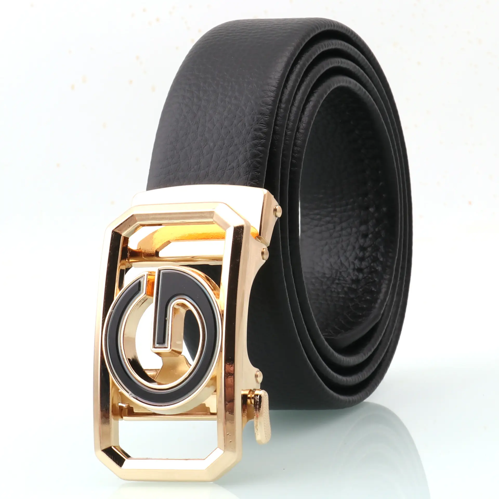 Men's Black Leather Belt with Logo Buckle - Image 4