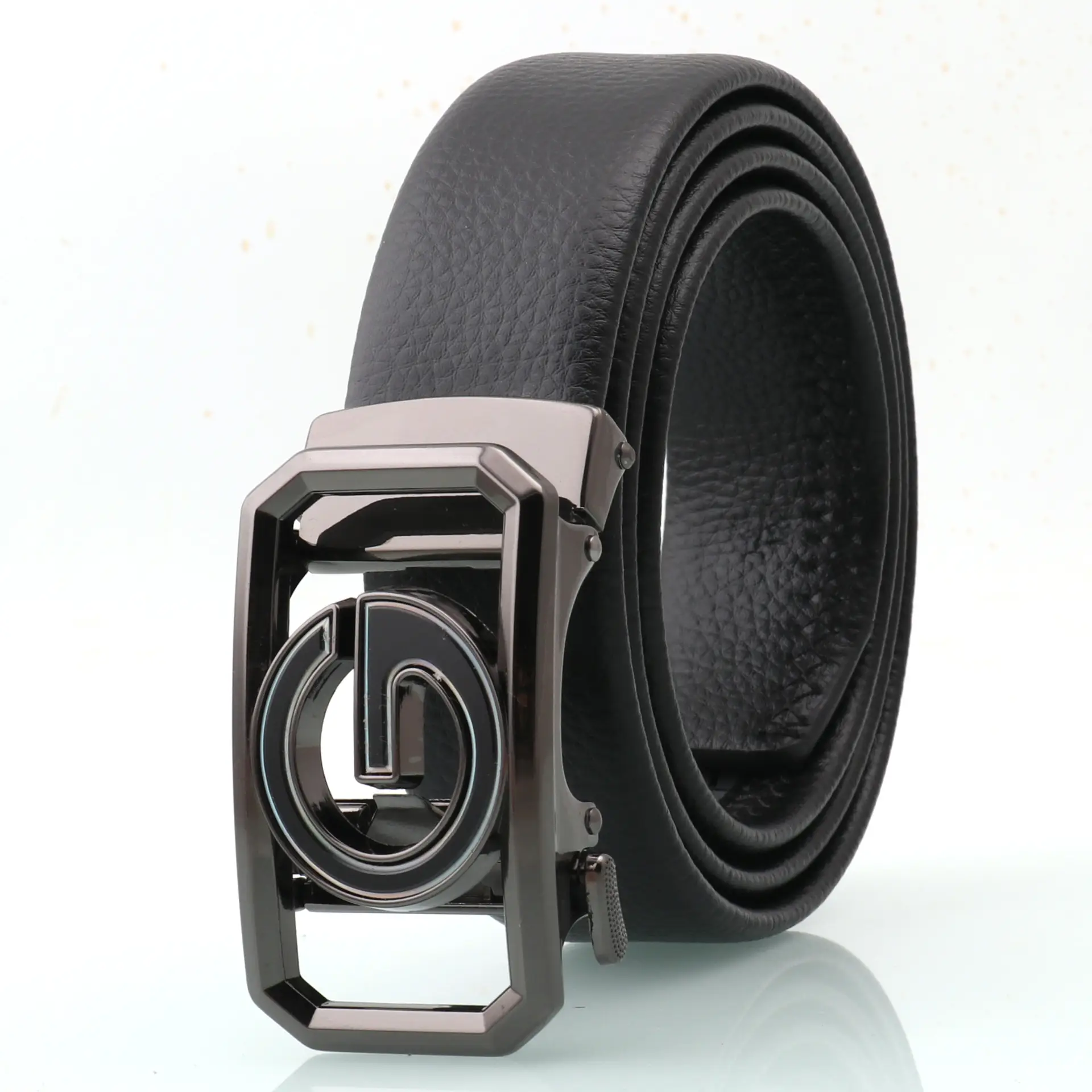 Men's Black Leather Belt with Logo Buckle - Image 5