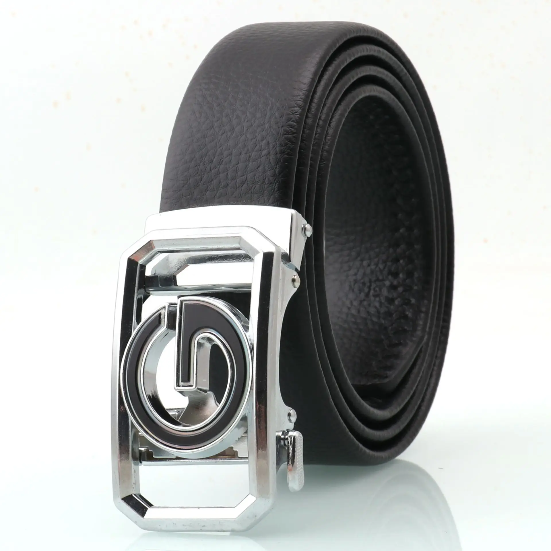 Men's Black Leather Belt with Logo Buckle - Image 6