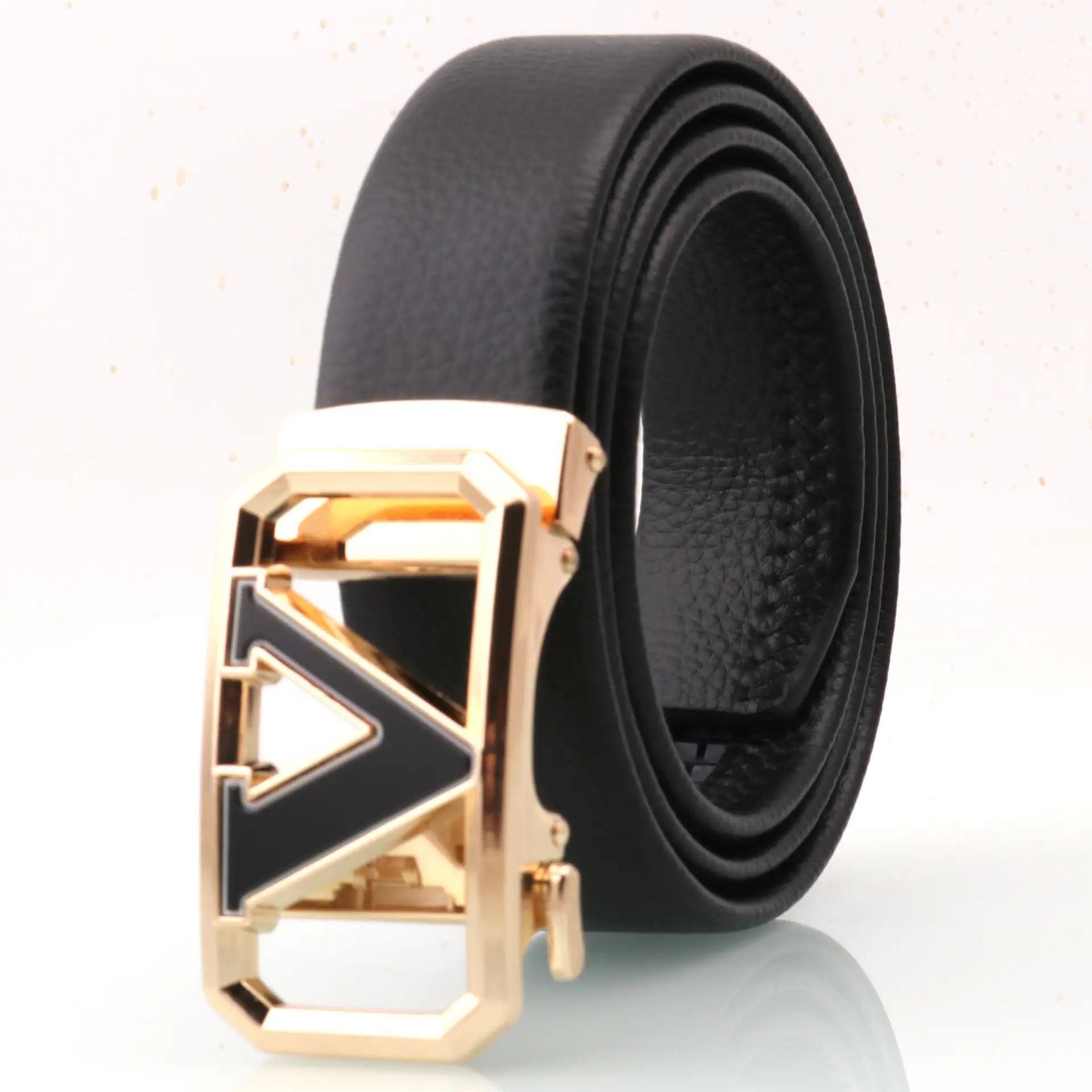 Men's Black Leather Belt with Logo Buckle - Image 7