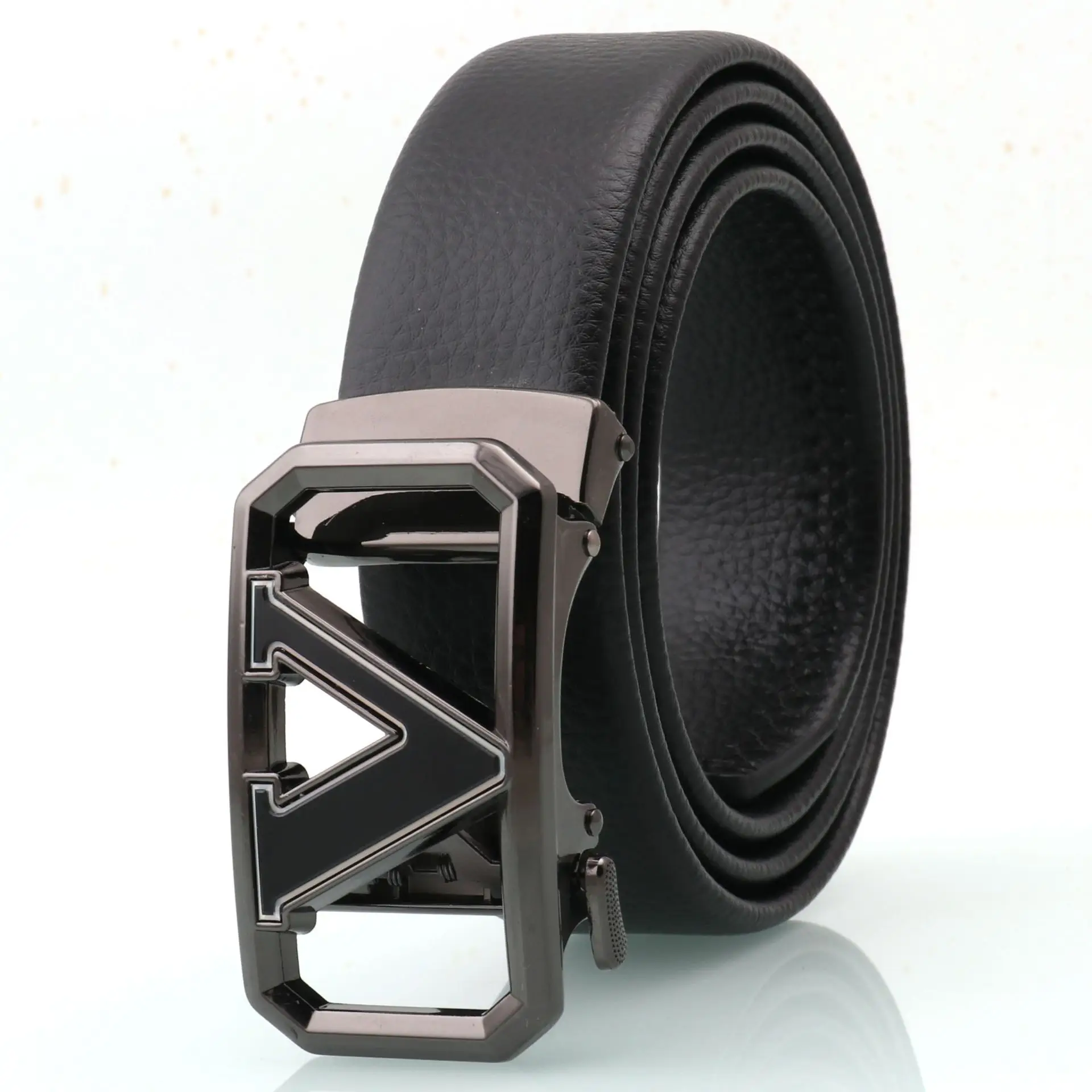 Men's Black Leather Belt with Logo Buckle - Image 8