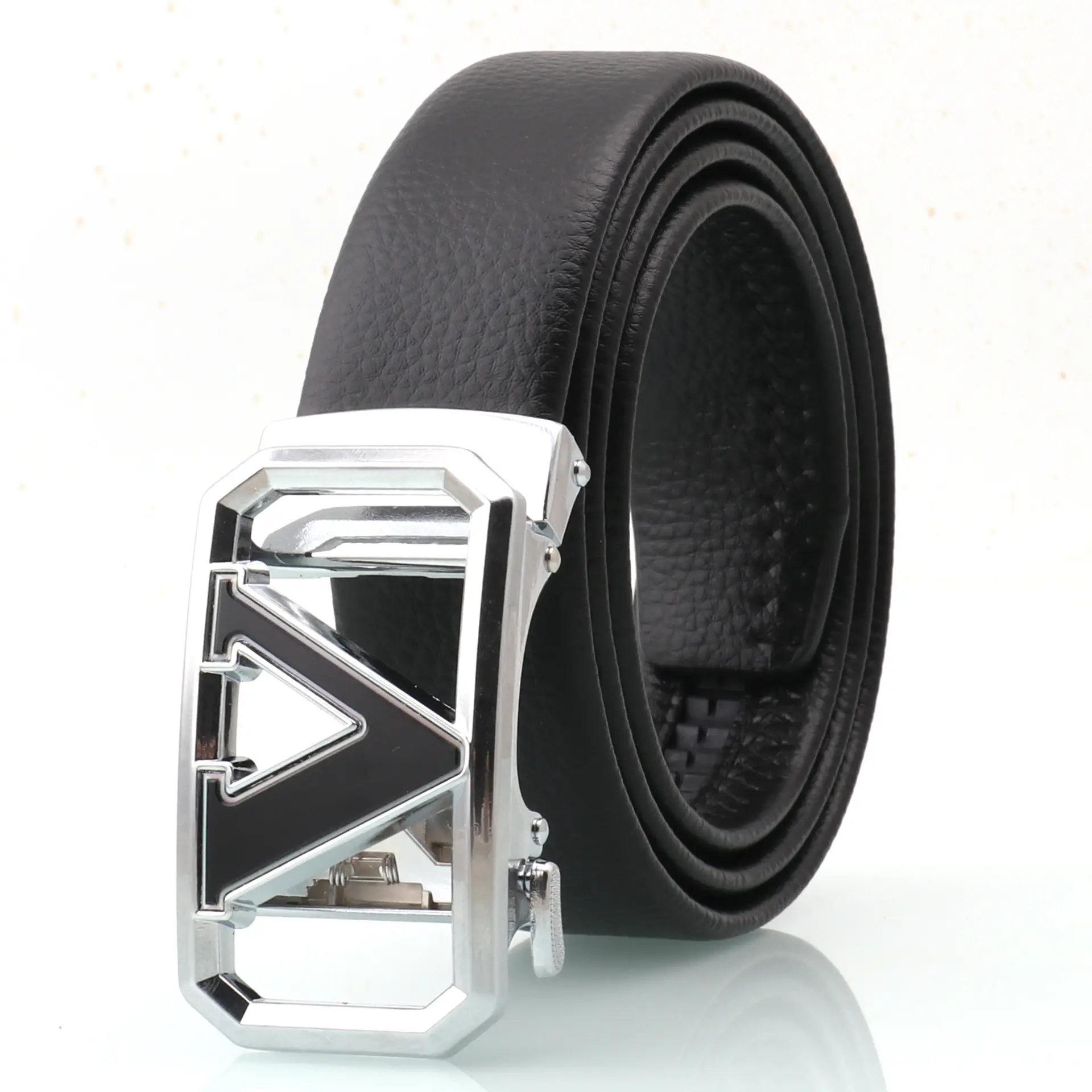 Men's Black Leather Belt with Logo Buckle - Image 9