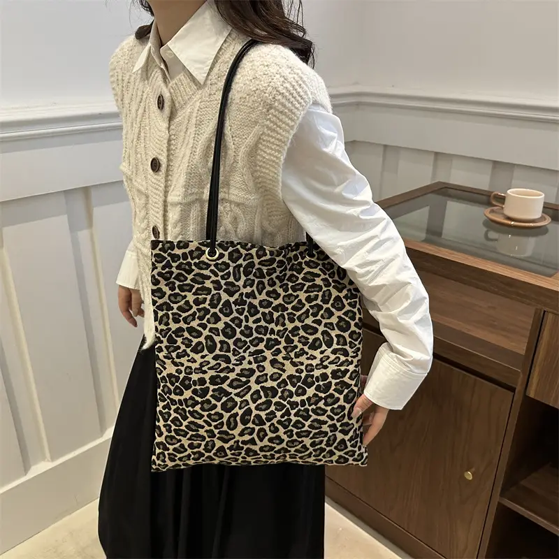 Large Leopard Print Canvas Shoulder Bag for Women - Image 5