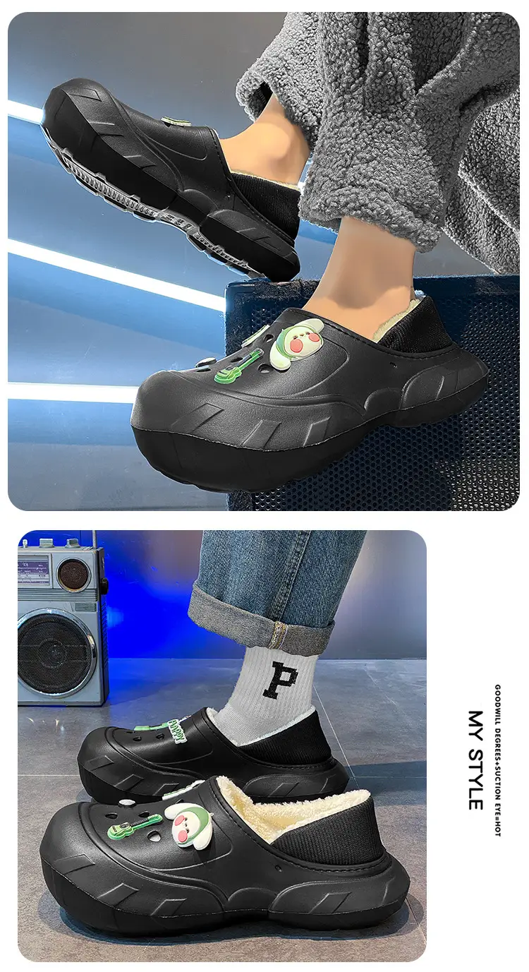 Cross-border plus size cotton slippers men's hole shoes winter new fleece-lined step excrement feeling warm lovers shoes covered cotton shoes — feature 10