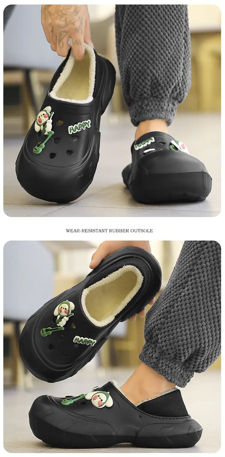 Cross-border plus size cotton slippers men's hole shoes winter new fleece-lined step excrement feeling warm lovers shoes covered cotton shoes — feature 11