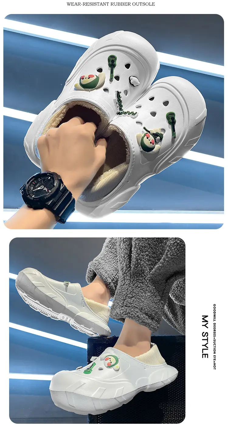 Cross-border plus size cotton slippers men's hole shoes winter new fleece-lined step excrement feeling warm lovers shoes covered cotton shoes — feature 12